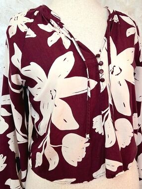 Hering Floral Blouse Medium Burgundy Cream Boho Peasant Top Flowy Balloon Sleeve